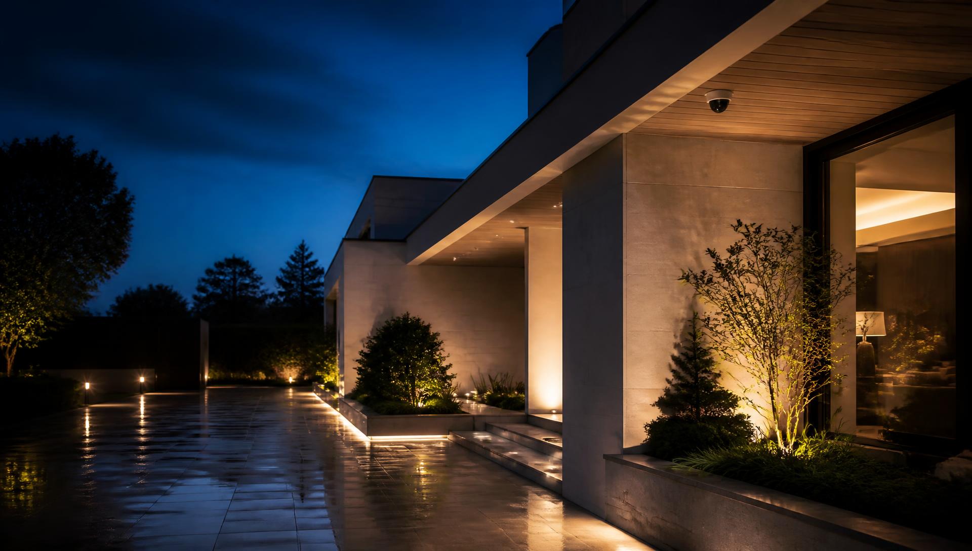 Modern home exterior at blue hour with pathway lighting and a discreet camera