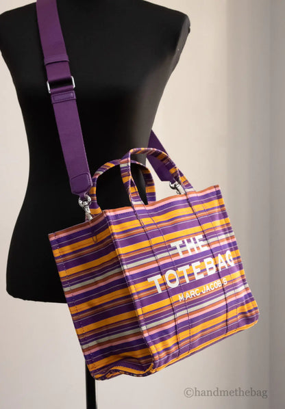 Marc Jacobs The Striped Traveler Tote Medium Purple Cotton Canvas Handbag Purse